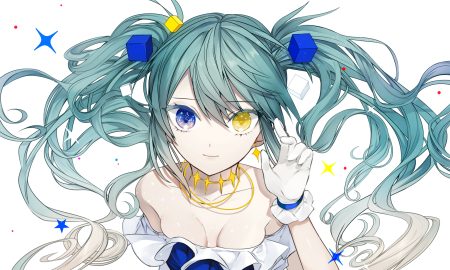 bicolored eyes breasts daimaou ruaeru gloves green hair hatsune miku long hair necklace twintails vocaloid white