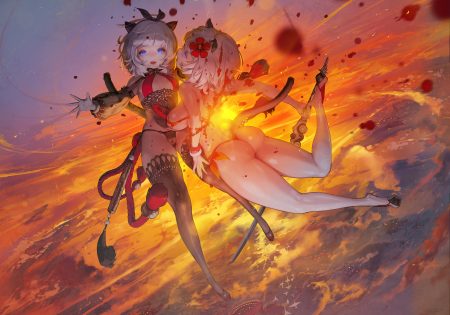 2girls animal ears ass blade & soul blue eyes catgirl clouds hyulla (nightmadness) panties short hair sky sunset sword tail thighhighs underwear weapon white hair