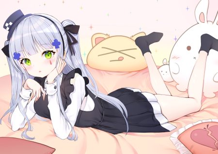 anthropomorphism bed dress girls frontline green eyes hat hk416 (girls frontline) long hair topu white hair