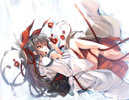 barefoot brown hair flowers japanese clothes kamizuki shiki kimono long hair orange eyes original ponytail rope snow twintails