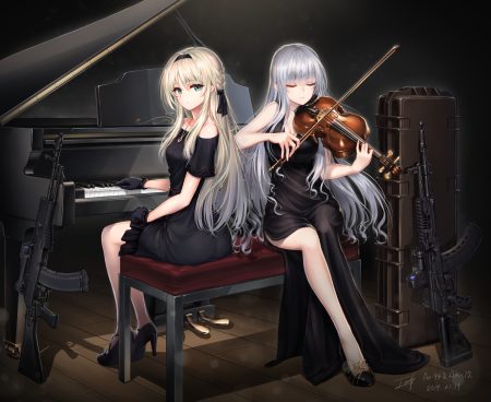 2girls ak12 (girls frontline) an94 (girls frontline) anthropomorphism baek hyang blonde hair braids dress girls frontline gray hair green eyes gun headband instrument long hair necklace piano signed violin weapon