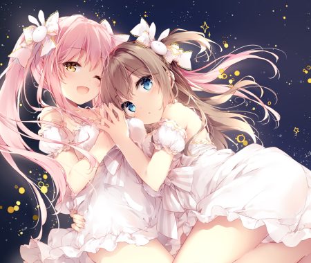 2girls blue eyes brown hair dress hug long hair mochizuki shiina original panties pink hair ponytail twintails underwear wink yellow eyes