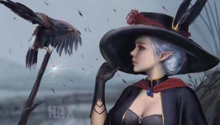 animal bird breasts cape cleavage elbow gloves feathers gloves gray hair hat long hair orange eyes original pointed ears realistic short hair watermark ydiya