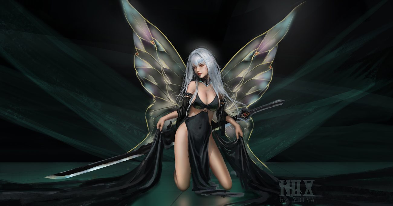 breasts cleavage gray hair green long hair nopan original realistic red eyes skirt lift sword watermark weapon wings ydiya