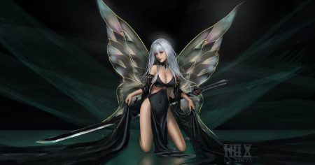 breasts cleavage gray hair green long hair nopan original realistic red eyes skirt lift sword watermark weapon wings ydiya