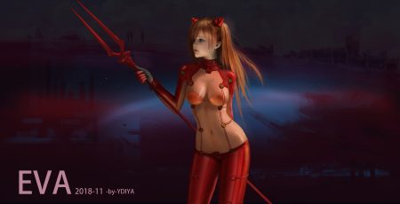 blue eyes bodysuit breasts long hair neon genesis evangelion orange hair realistic skintight soryu asuka langley spear watermark weapon ydiya