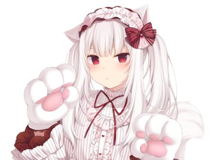 amashiro natsuki animal ears catgirl close gloves headdress lolita fashion long hair original red eyes tail twintails white white hair