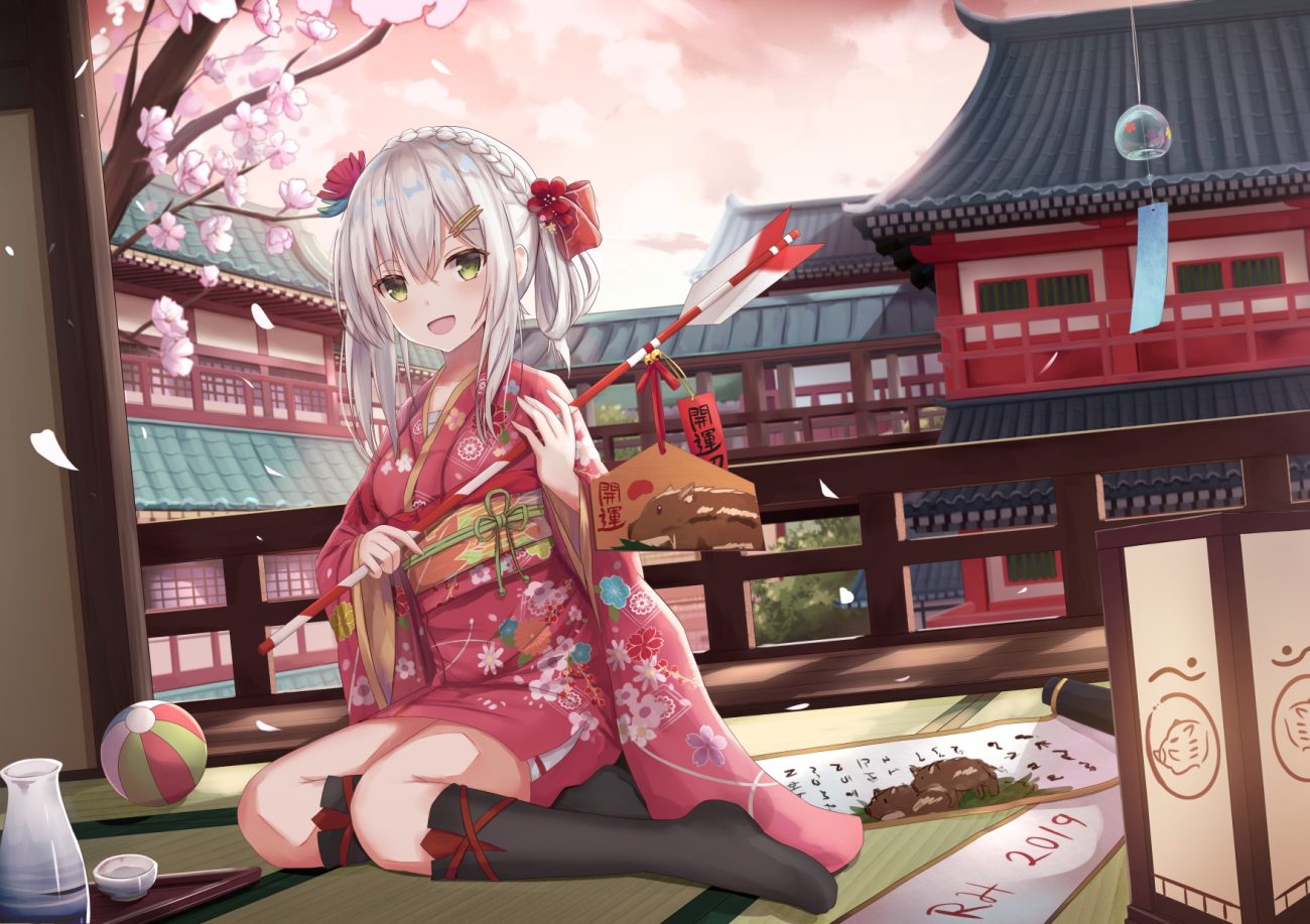ball braids building cherry blossoms clouds drink flowers green eyes japanese clothes kimono kneehighs original sake sky touhourh white hair