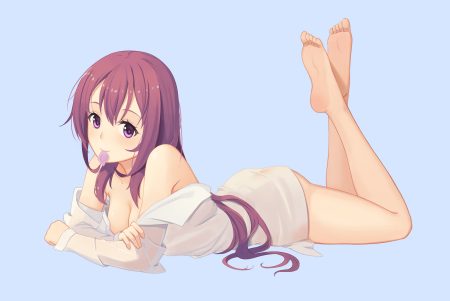 ass barefoot baseness blush breasts cleavage condom gi(a)rlish number karasuma chitose (girlish number) long hair naked shirt purple eyes purple hair shirt white
