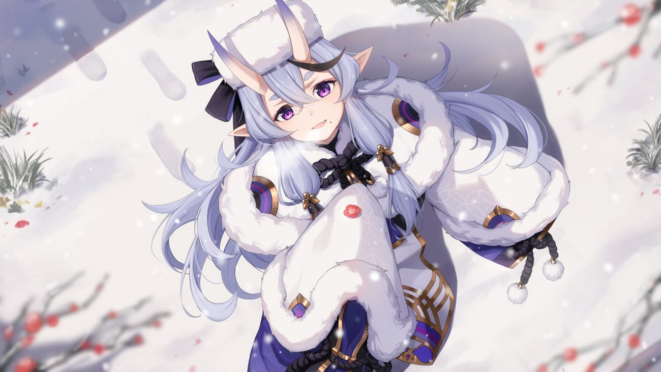 baseness blue hair demon horns japanese clothes long hair nijisanji pointed ears purple eyes rindou mikoto snow winter