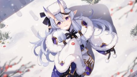baseness blue hair demon horns japanese clothes long hair nijisanji pointed ears purple eyes rindou mikoto snow winter