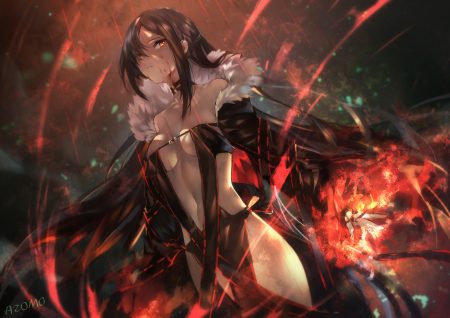 avamone blood breasts brown hair choker consort yu (fate) fate/grand order fate (series) gloves no bra red eyes signed
