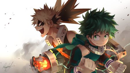 all male bakugou katsuki blonde hair boku no hero academia gloves green eyes green hair male midoriya izuku rupinesu short hair signed