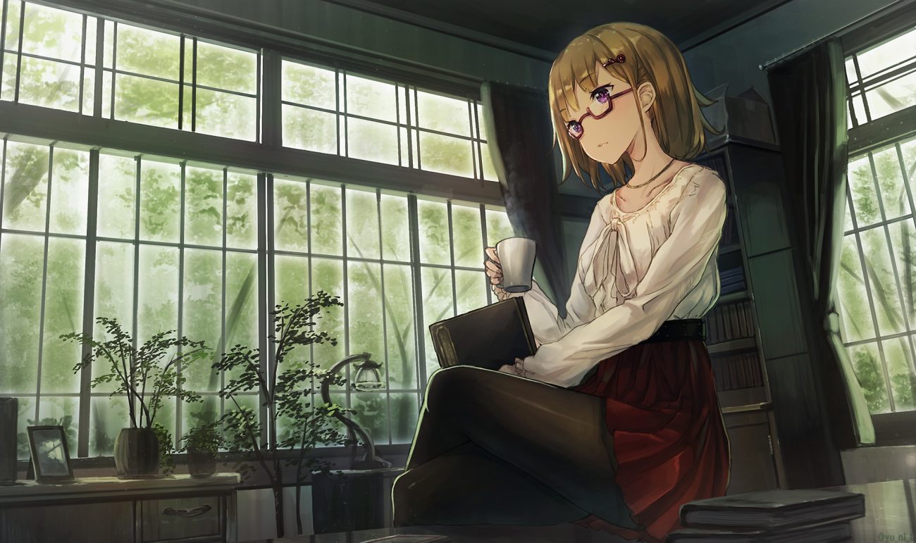 book brown hair drink glasses green original pantyhose purple eyes short hair skirt yu ni t