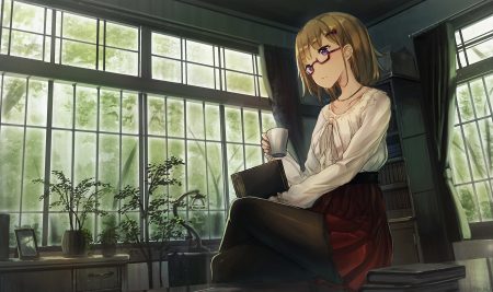 book brown hair drink glasses green original pantyhose purple eyes short hair skirt yu ni t