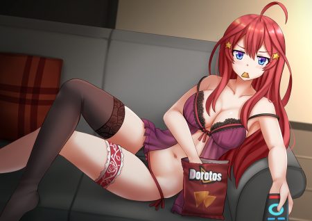 aqua eyes blush food go-toubun no hanayome kazenokaze nakano itsuki navel red hair thighhighs underwear