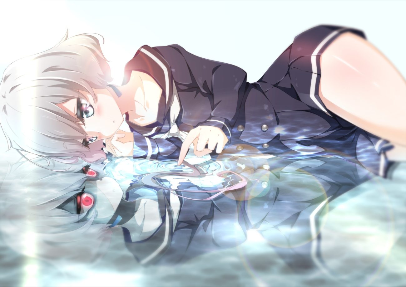 akira irodori blue eyes konno junko red eyes reflection short hair water white hair zombie land saga
