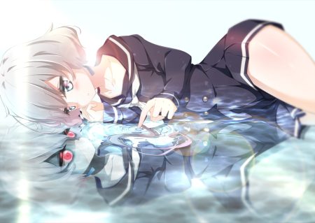 akira irodori blue eyes konno junko red eyes reflection short hair water white hair zombie land saga