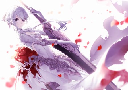 dress elbow gloves flowers gloves gray eyes jpeg artifacts rose short hair sinoalice snow white (sinoalice) sword weapon white hair yoggi (stretchmen)