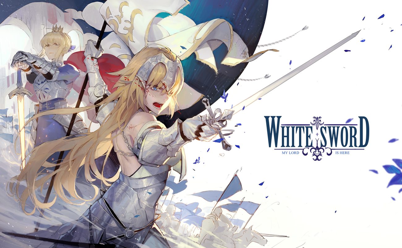 2girls armor artoria pendragon (all) blonde hair blood blue eyes cape crown fate/grand order fate (series) jeanne d'arc (fate) kuroduki long hair saber short hair sword weapon