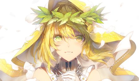 blonde hair chain close fate/grand order fate (series) gloves green eyes headdress nero claudius (bride) nero claudius (fate) saihate