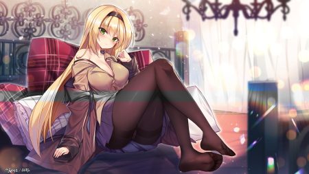 anthropomorphism barefoot bed blonde hair blush breasts cameltoe cleavage girls frontline green eyes headband long hair m1 garand (girls frontline) maett panties pantyhose signed skirt underwear