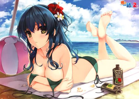 ball bikini blue hair blush breast hold breasts clouds flowers green eyes kuroya shinobu long hair scan sky swimsuit water