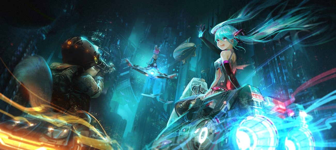 airship animal ears aqua eyes aqua hair building bunny ears bunnygirl city elbow gloves gloves gun hatsune miku kvpk5428 long hair motorcycle twintails vocaloid weapon