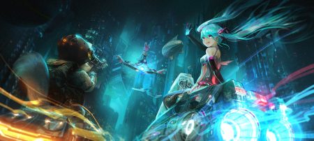 airship animal ears aqua eyes aqua hair building bunny ears bunnygirl city elbow gloves gloves gun hatsune miku kvpk5428 long hair motorcycle twintails vocaloid weapon