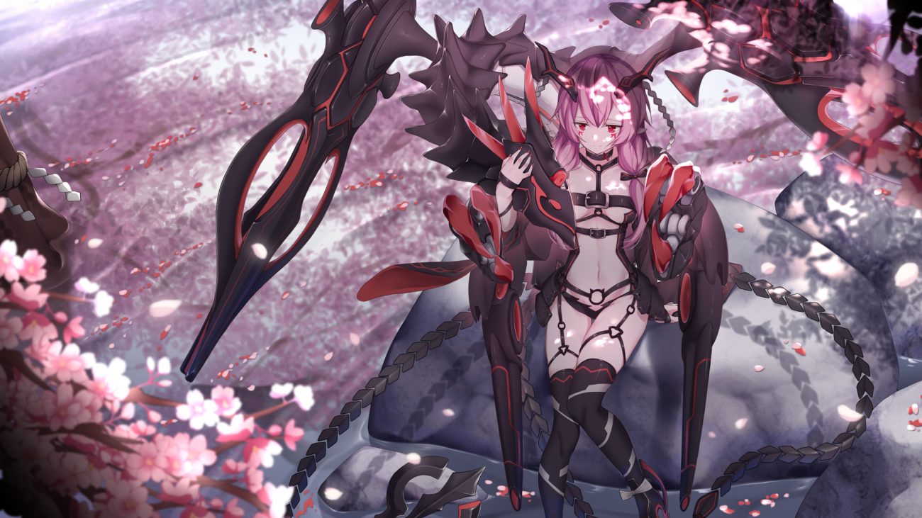 anthropomorphism breasts cherry blossoms flowers garter belt horns long hair mechagirl petals pink hair pointed ears red eyes taihou (zhanjian shaonu) tattoo thighhighs twintails underboob zhanjian shaonu zhixiang zhi