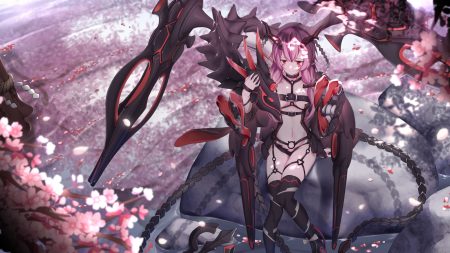 anthropomorphism breasts cherry blossoms flowers garter belt horns long hair mechagirl petals pink hair pointed ears red eyes taihou (zhanjian shaonu) tattoo thighhighs twintails underboob zhanjian shaonu zhixiang zhi