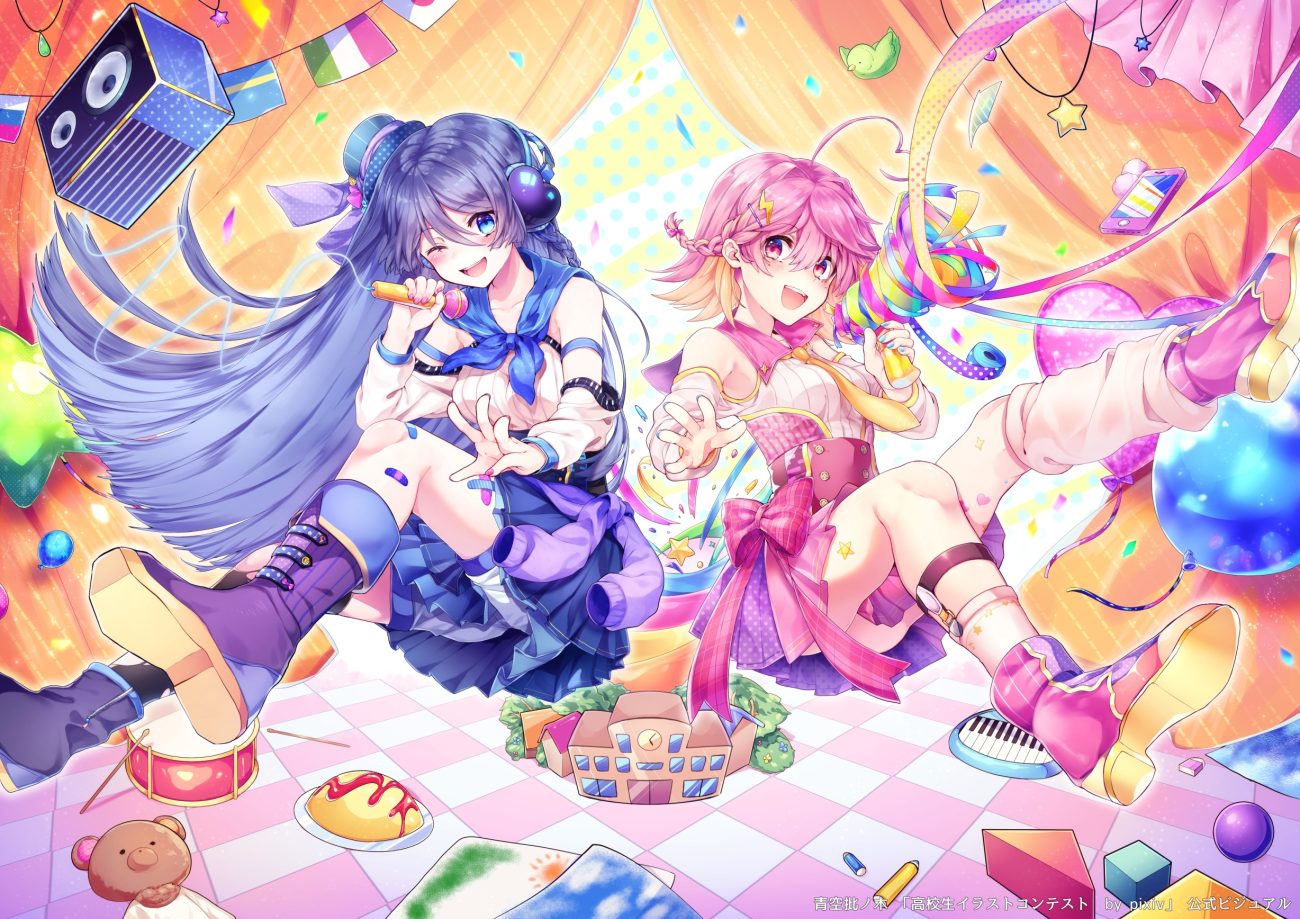 2girls aosoraa6 aqua eyes bandaid blue hair boots braids food hat headphones instrument long hair microphone original pink eyes pink hair short hair skirt wink