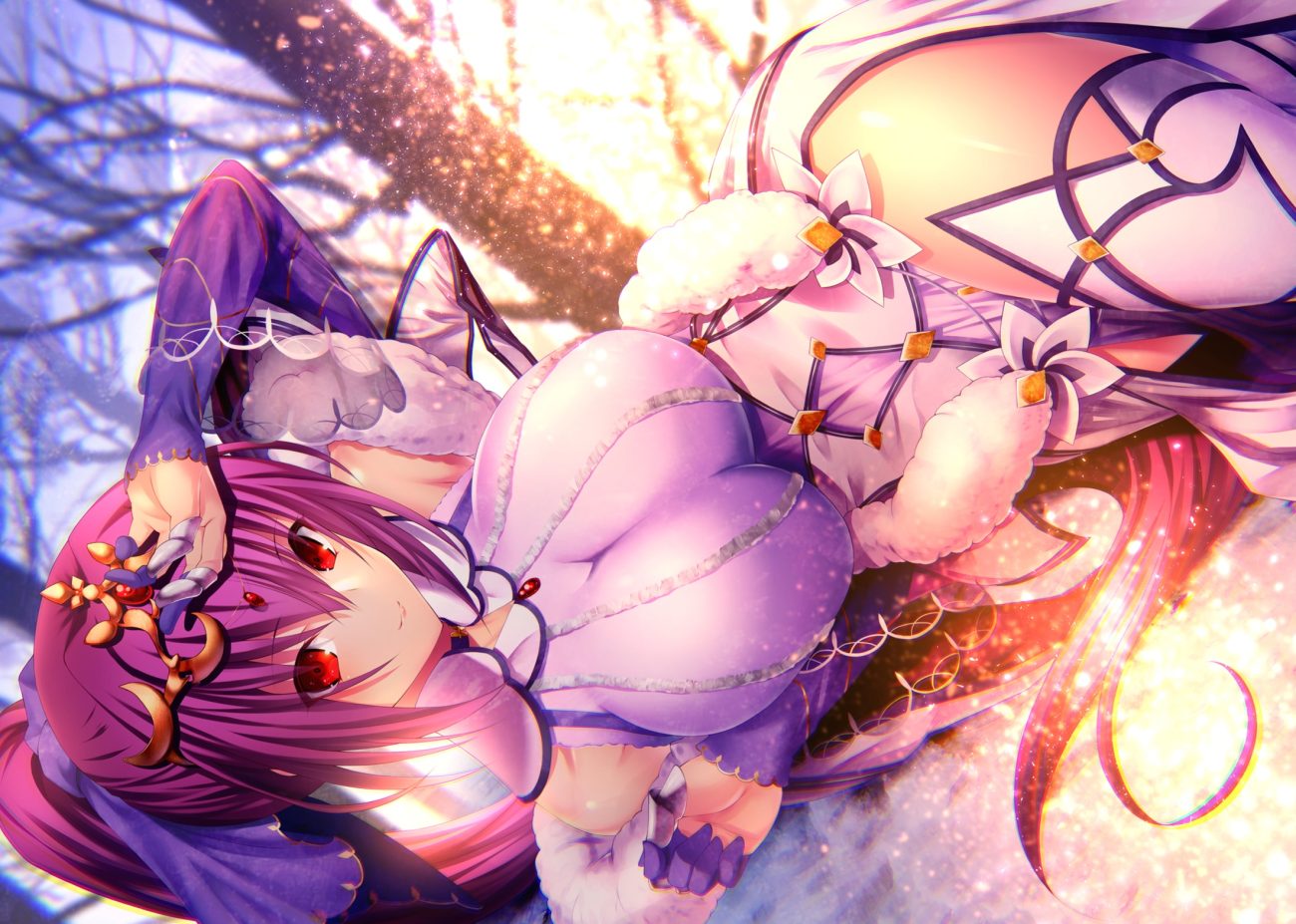 breasts dress emanon123 fate/grand order fate (series) long hair ponytail purple hair red eyes scathach (fate/grand order) scathach skadi (fate/grand order) thighhighs tree winter