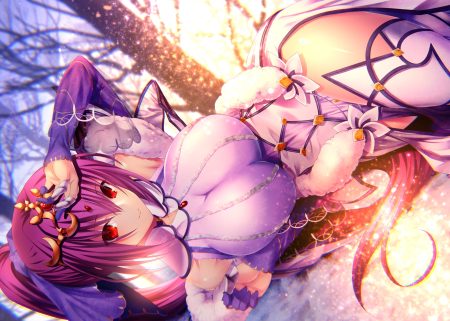 breasts dress emanon123 fate/grand order fate (series) long hair ponytail purple hair red eyes scathach (fate/grand order) scathach skadi (fate/grand order) thighhighs tree winter