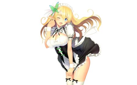 aqua eyes blonde hair blush breasts cleavage long hair maid pointed ears scan taka tony thighhighs third-party edit white