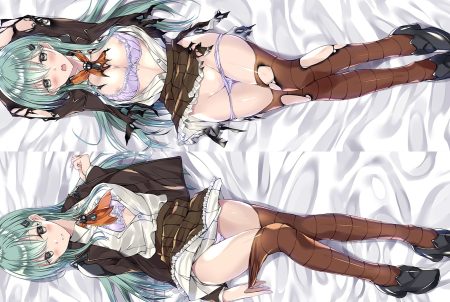 anthropomorphism bed blush bra breasts green hair kantai collection kobayashi chisato long hair nipples nipple slip open shirt panties panty pull skirt suzuya (kancolle) thighhighs torn clothes underwear undressing