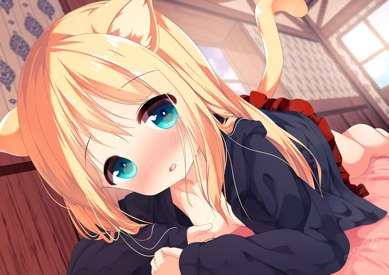 animal ears aqua eyes barefoot bed blonde hair blush breasts catgirl chinomaron loli long hair no bra open shirt original school uniform signed skirt tail