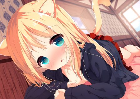 animal ears aqua eyes barefoot bed blonde hair blush breasts catgirl chinomaron loli long hair no bra open shirt original school uniform signed skirt tail