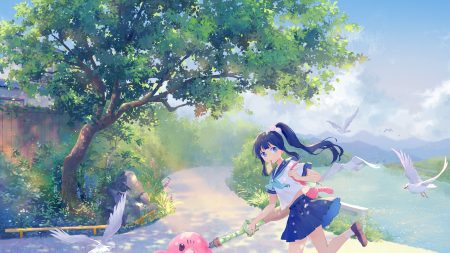 animal bird black hair blue eyes clouds food grass long hair mimengfeixue onmyouji ponytail scenic school uniform skirt sky socks tree