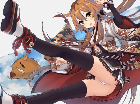 animal ass bell blonde hair boots breasts cleavage green eyes japanese clothes neme1228 original panties sky thighhighs underwear upskirt wristwear