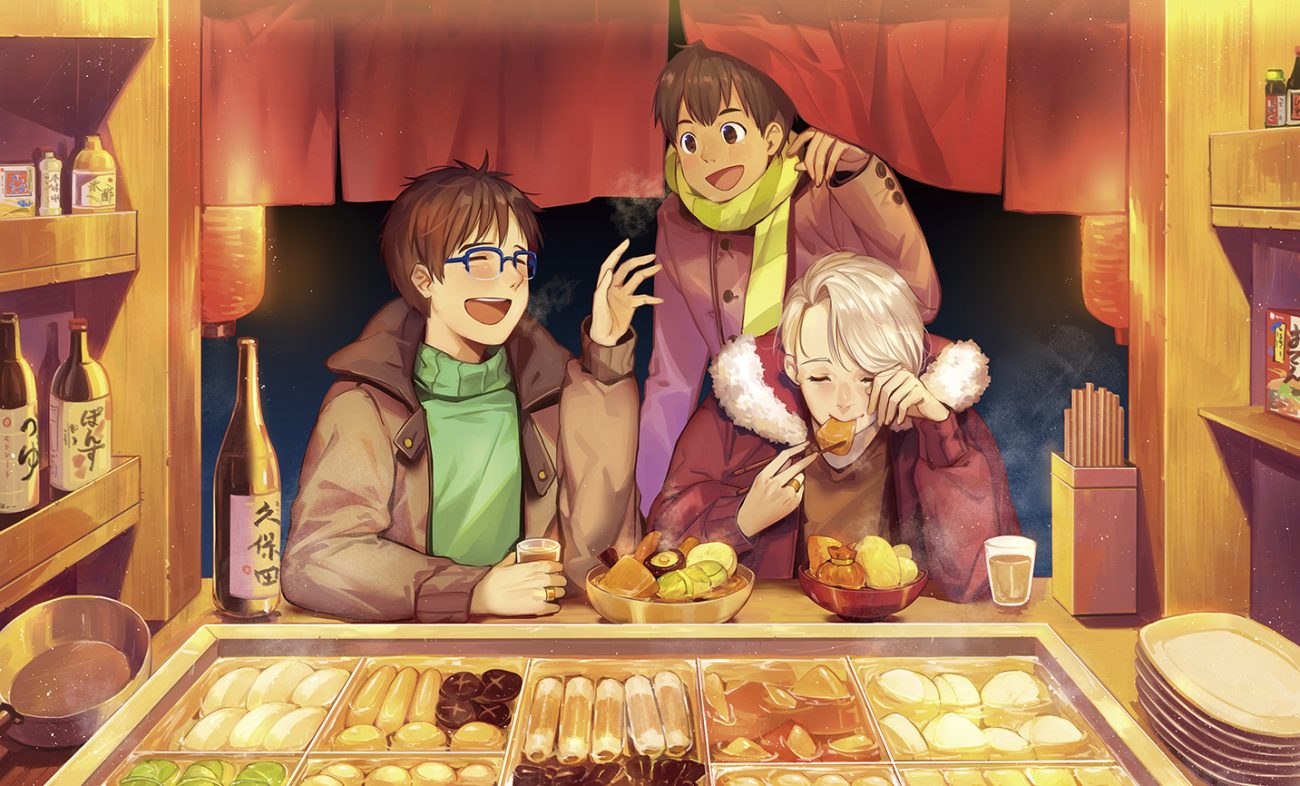 all male blonde hair brown eyes brown hair dark skin drink food glasses hood katsuki yuuri male night phichit chulanont scarf short hair viktor nikiforov yuri!!! on ice yuyu (yuyudesu0806)
