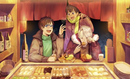 all male blonde hair brown eyes brown hair dark skin drink food glasses hood katsuki yuuri male night phichit chulanont scarf short hair viktor nikiforov yuri!!! on ice yuyu (yuyudesu0806)