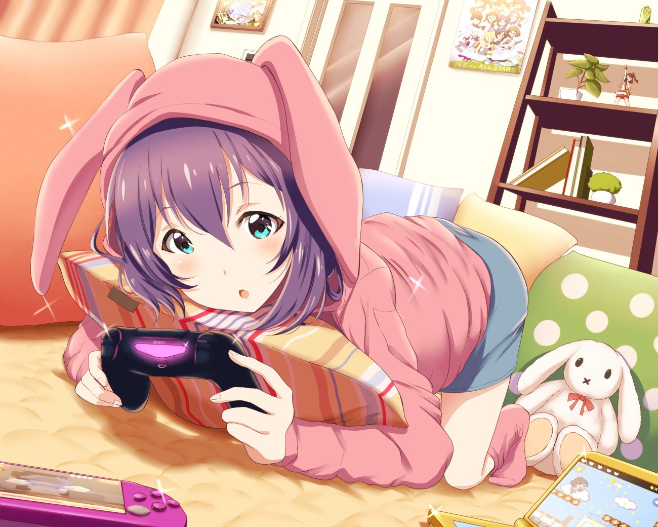 animal ears aqua eyes book bunny game console hood idolmaster idolmaster million live! mochizuki anna purple hair shiokazunoko shorts