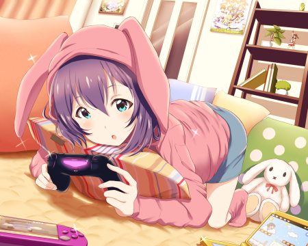 animal ears aqua eyes book bunny game console hood idolmaster idolmaster million live! mochizuki anna purple hair shiokazunoko shorts