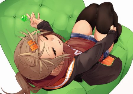 brown eyes brown hair candy fu-ta green hood lollipop long hair original panties ponytail skirt thighhighs underwear usami taiga zettai ryouiki