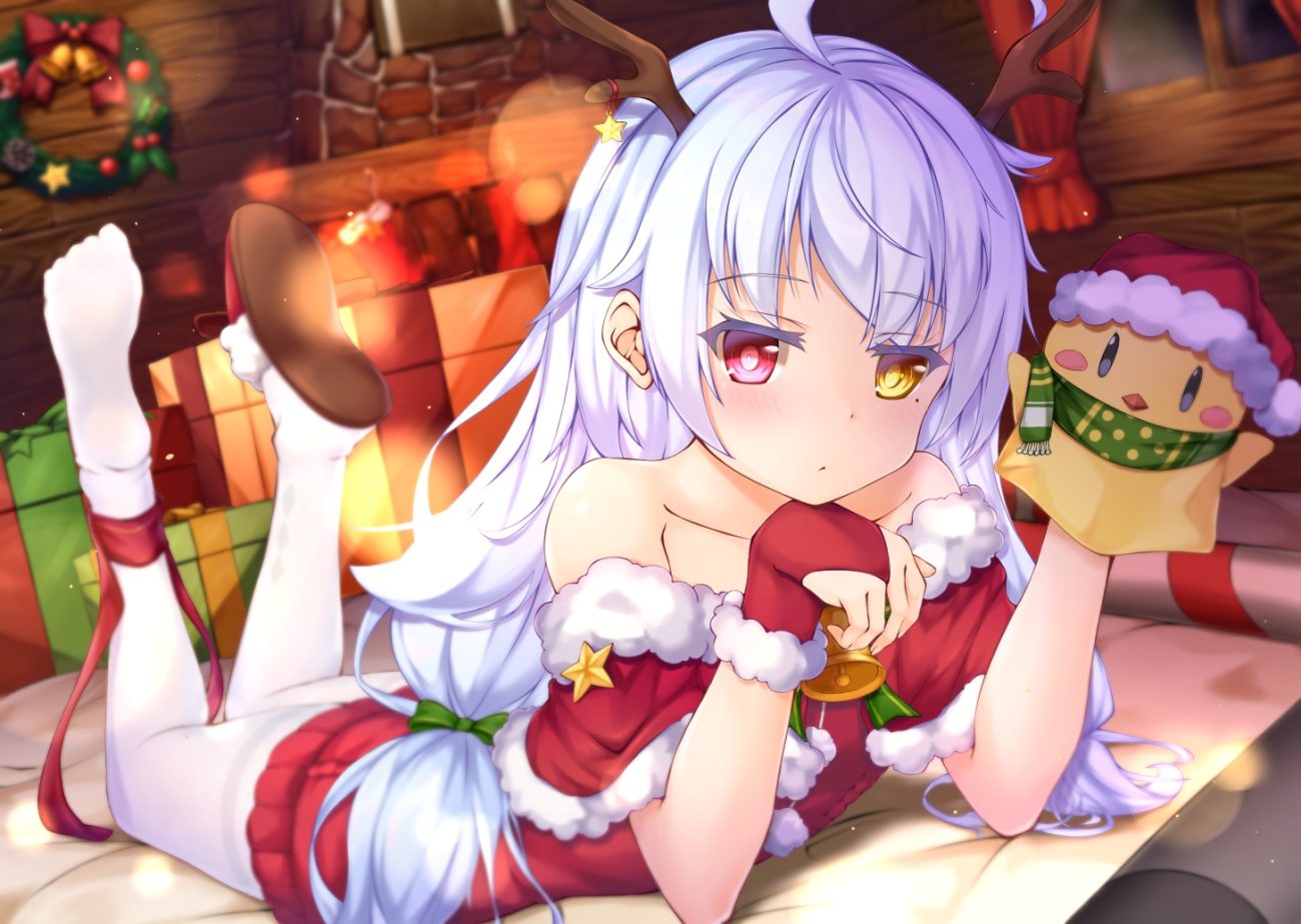 anthropomorphism azur lane bell bicolored eyes blush bow christmas dress gloves horns long hair manjuu (azur lane) nicholas (azur lane) santa costume shimo (shimo332215) twintails white hair