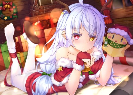 anthropomorphism azur lane bell bicolored eyes blush bow christmas dress gloves horns long hair manjuu (azur lane) nicholas (azur lane) santa costume shimo (shimo332215) twintails white hair