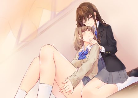 2girls blush bow brown eyes brown hair hazuki natsu long hair original school uniform shoujo ai signed skirt wink
