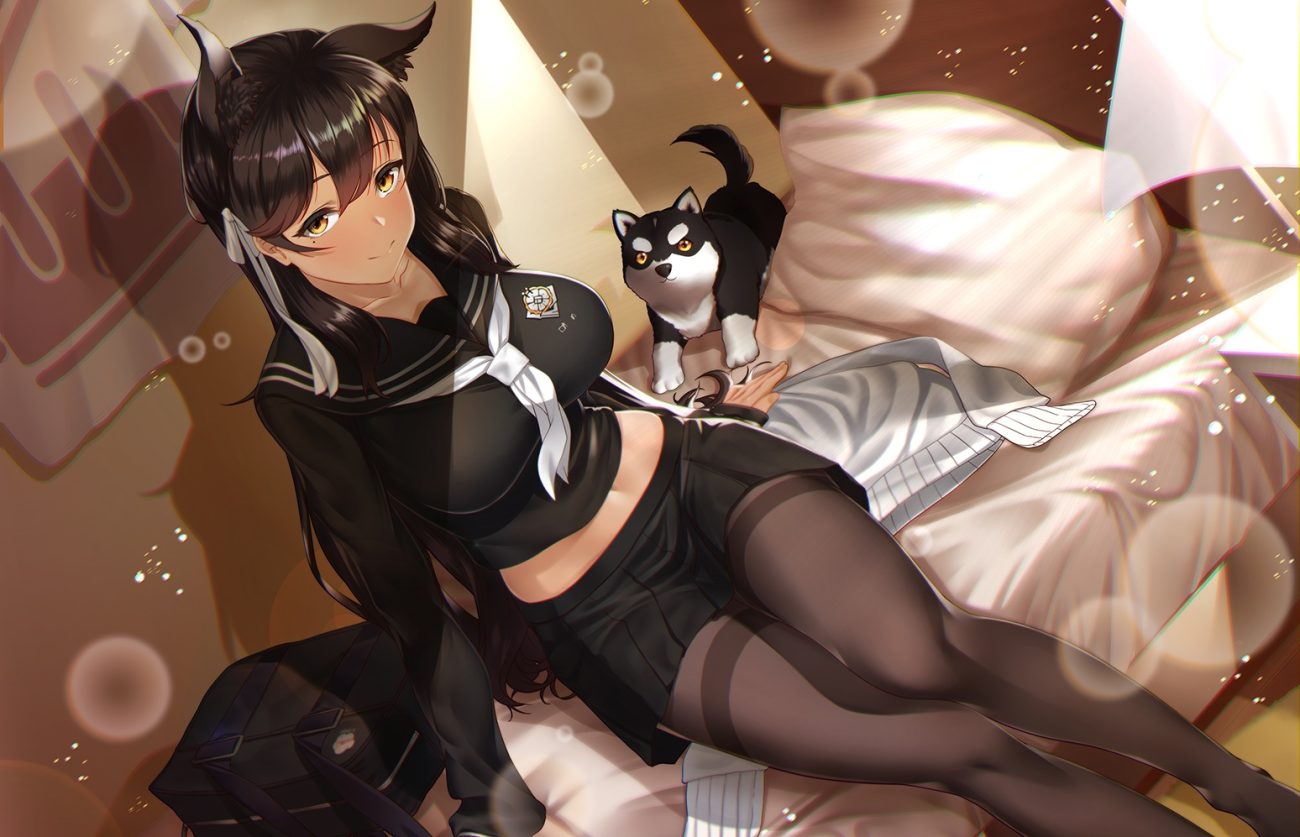 animal animal ears anthropomorphism atago (azur lane) azur lane bed brown hair dog foxgirl kagiyama (clave) long hair pantyhose school uniform skirt yellow eyes