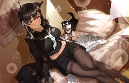 animal animal ears anthropomorphism atago (azur lane) azur lane bed brown hair dog foxgirl kagiyama (clave) long hair pantyhose school uniform skirt yellow eyes